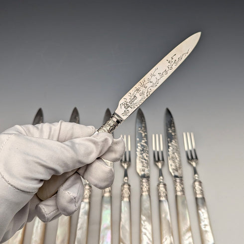 1900 年英國古董純銀刀片白色珍珠柄甜點餐具 6 副套裝阿特金兄弟